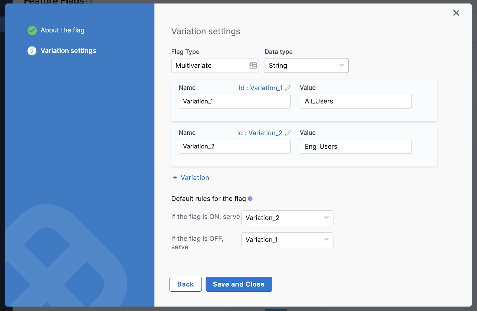 A screenshot of the Variation Settings form when creating a Feature Flag.